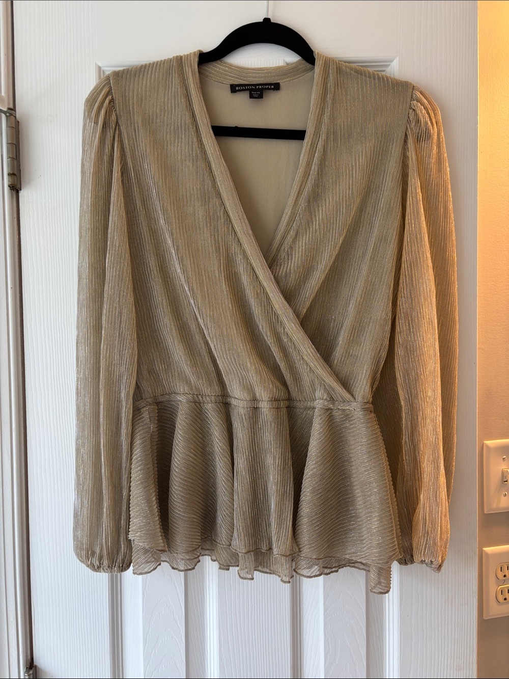 Boston Proper Metallic Champagne Wrap Peplum Blouse
